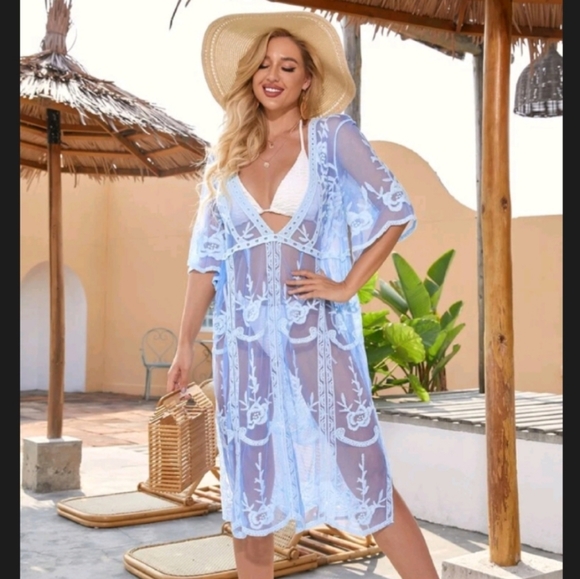 Embroidered mesh sheer beach coverup - Picture 2 of 4